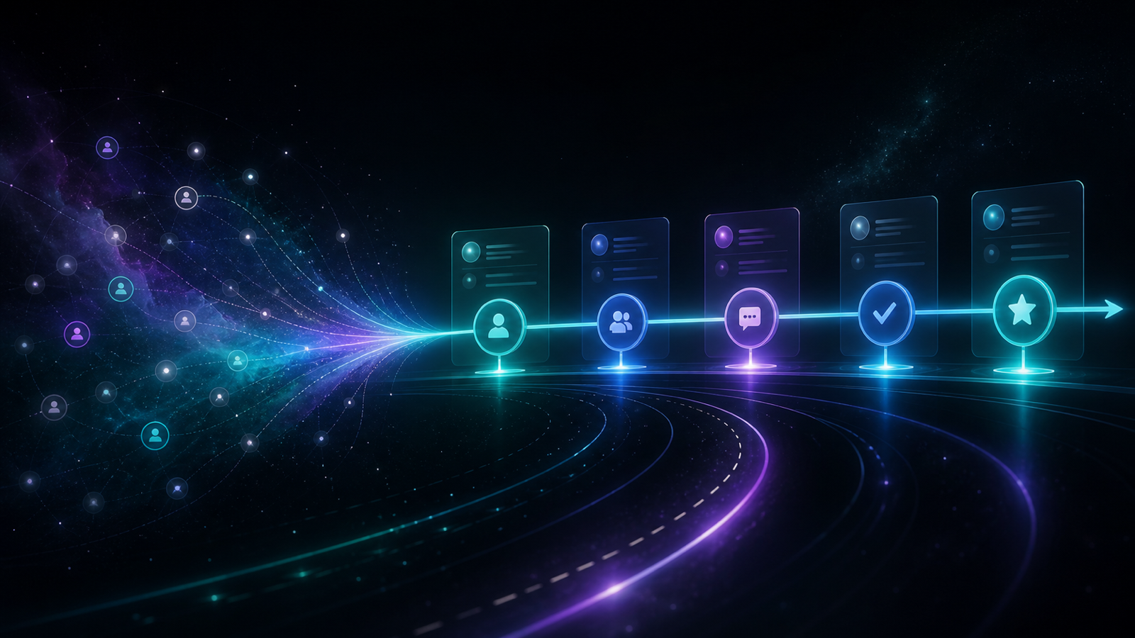 Lead journey signals becoming organized into visible CRM stages along a glowing path