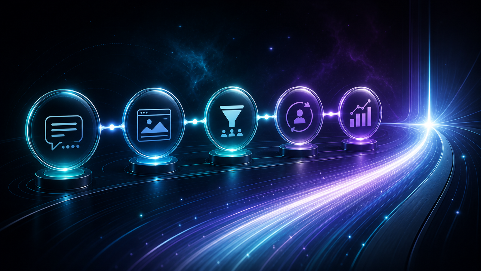 Five connected marketing system checkpoints aligned before a campaign launch path.