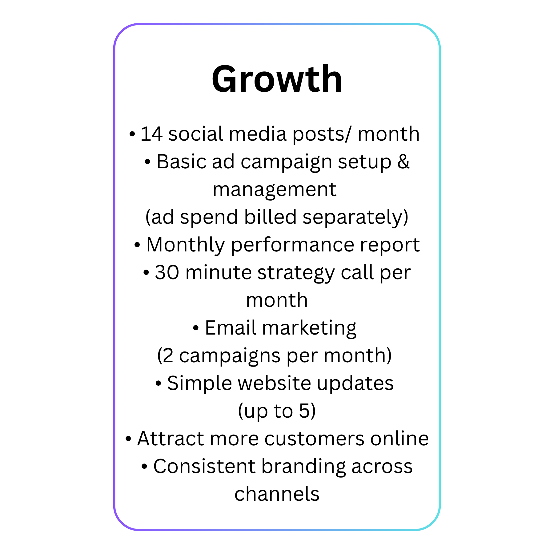 Starter • 8 social media posts month (1-3 platforms) • Basic graphic design for posts • Monthly performance report • 30 minute strategy call per month Benefits • Email marketing (1 campaign per mo(3)