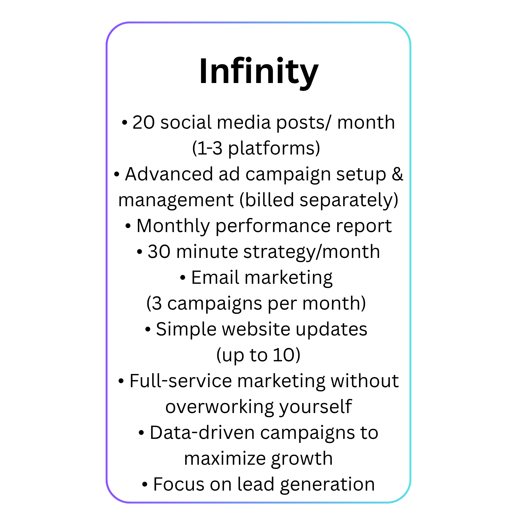 Starter • 8 social media posts month (1-3 platforms) • Basic graphic design for posts • Monthly performance report • 30 minute strategy call per month Benefits • Email marketing (1 campaign per mo(9)