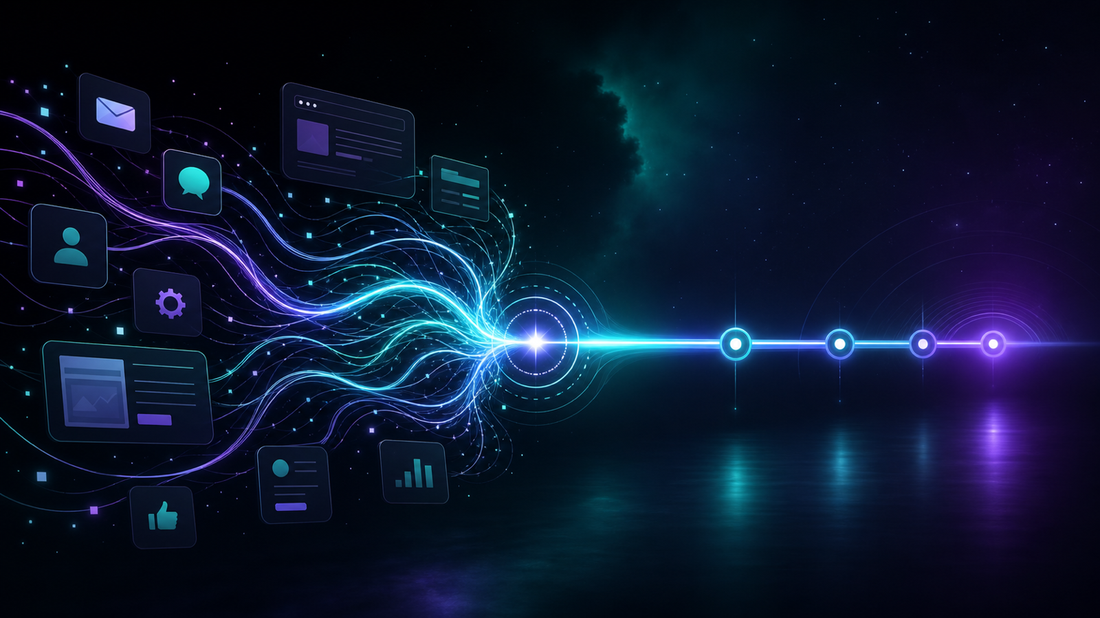Abstract marketing channels connecting into one clear growth system with teal and violet pulse lines