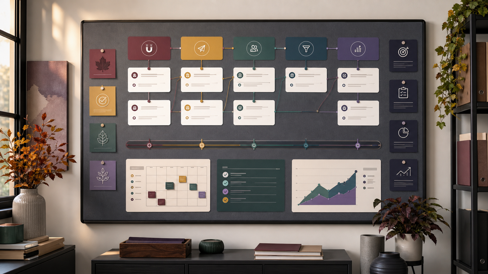 Marketing systems planning board with campaign cards, CRM checkpoints, timeline, and fall business planning details.