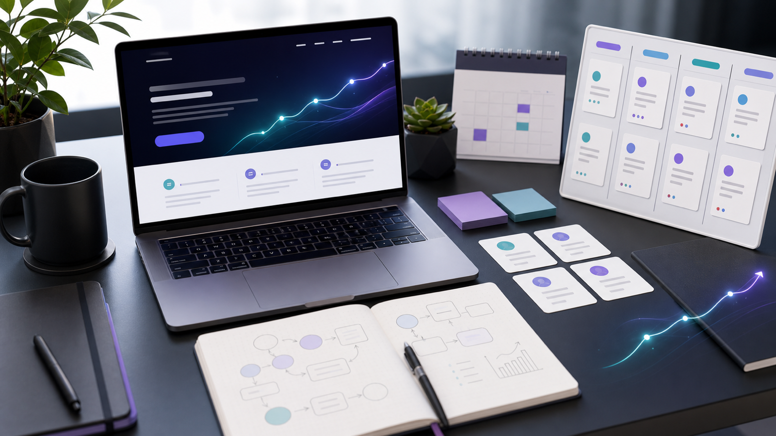 Startup marketing foundation workspace with a simple website, contact cards, planning notes, and CRM board.