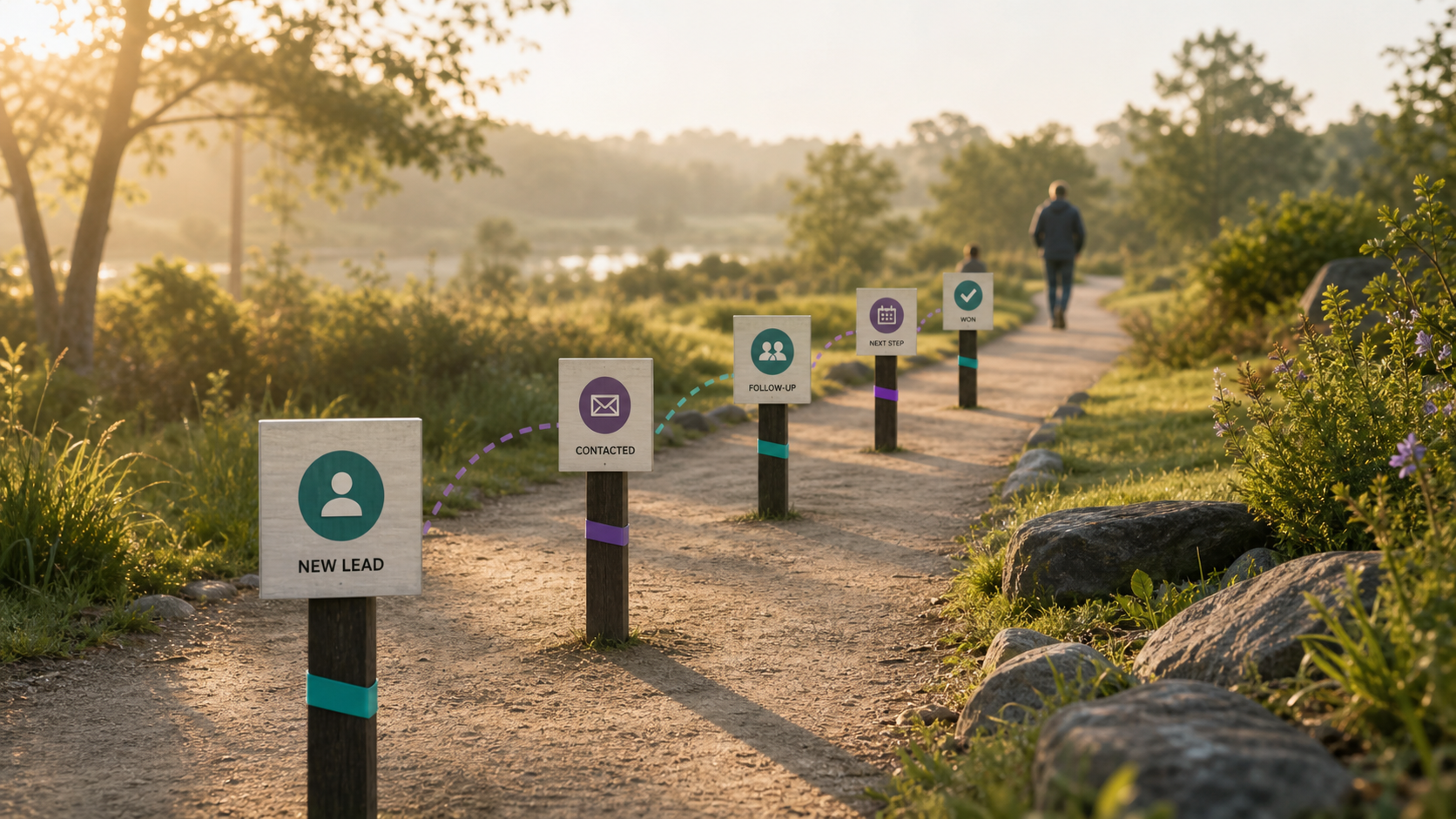 Outdoor path with lead stage markers showing a clear follow-up journey from new lead to next step