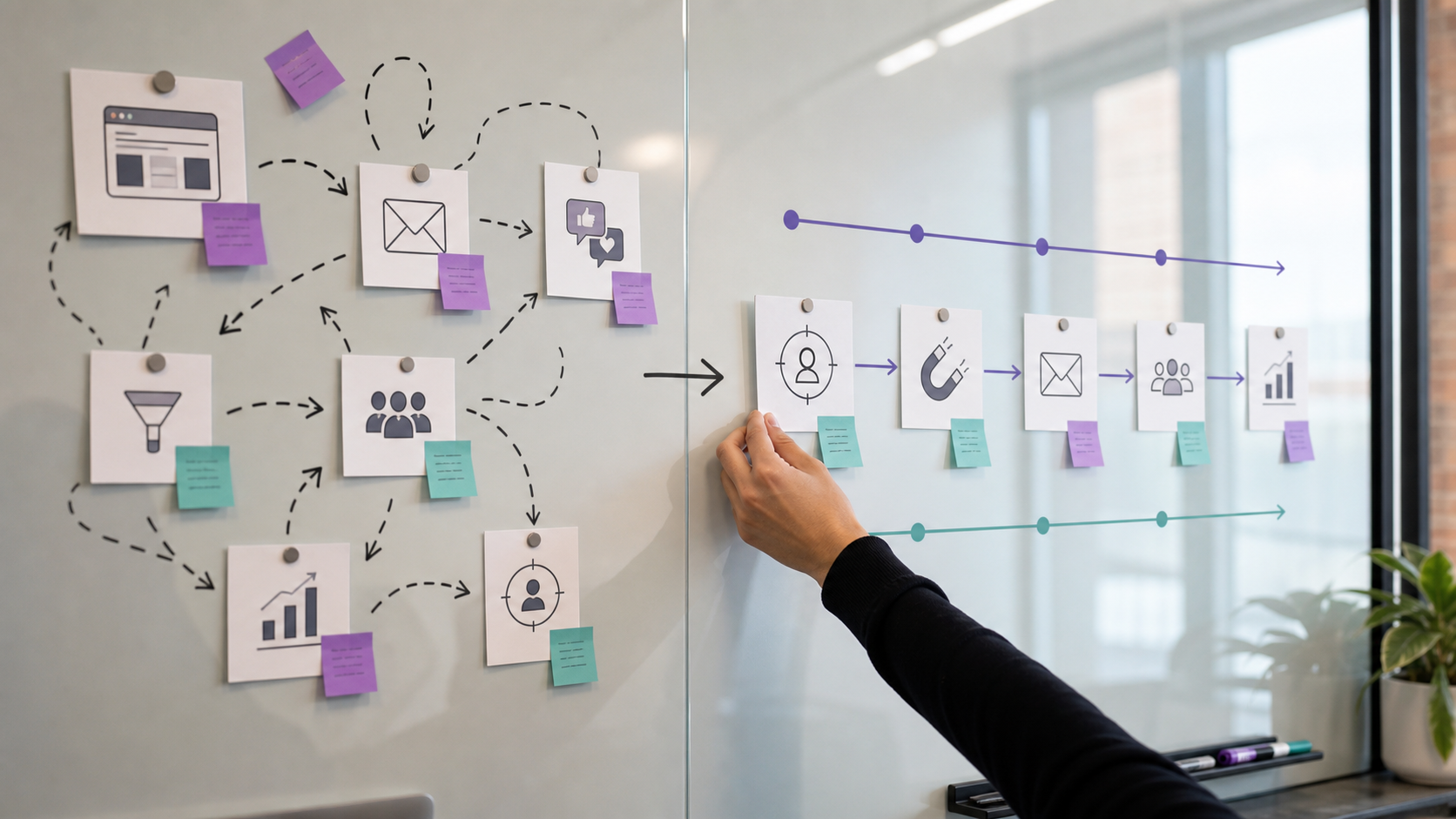 Marketing strategy board showing disconnected marketing channels becoming an organized customer journey and connected growth system